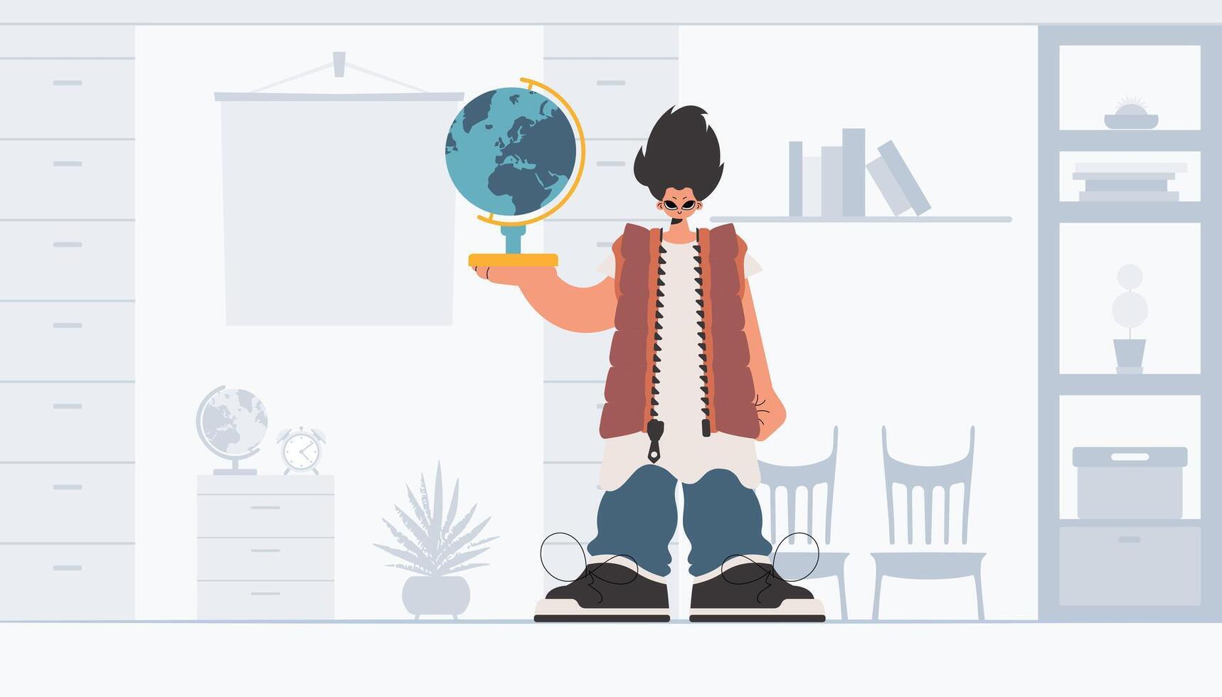 A cartoon man holding a globe in his hand vector