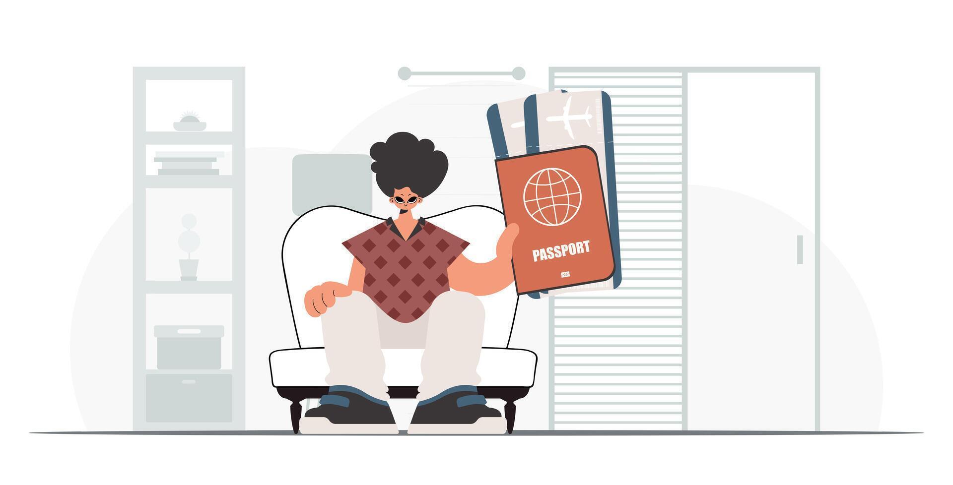 A man sitting on a chair holding a passport vector