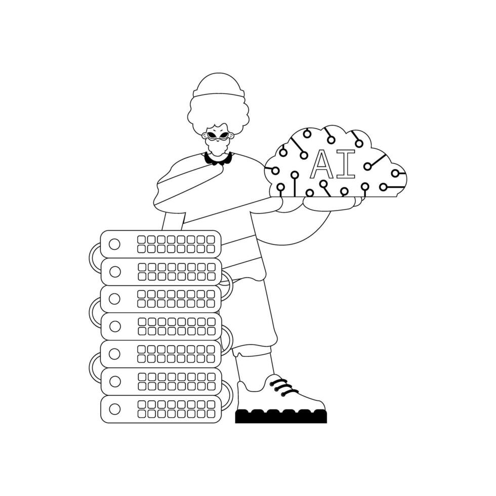 vector lineal estilo de ai chico y servidor, establecido en el tema de artificial inteligencia