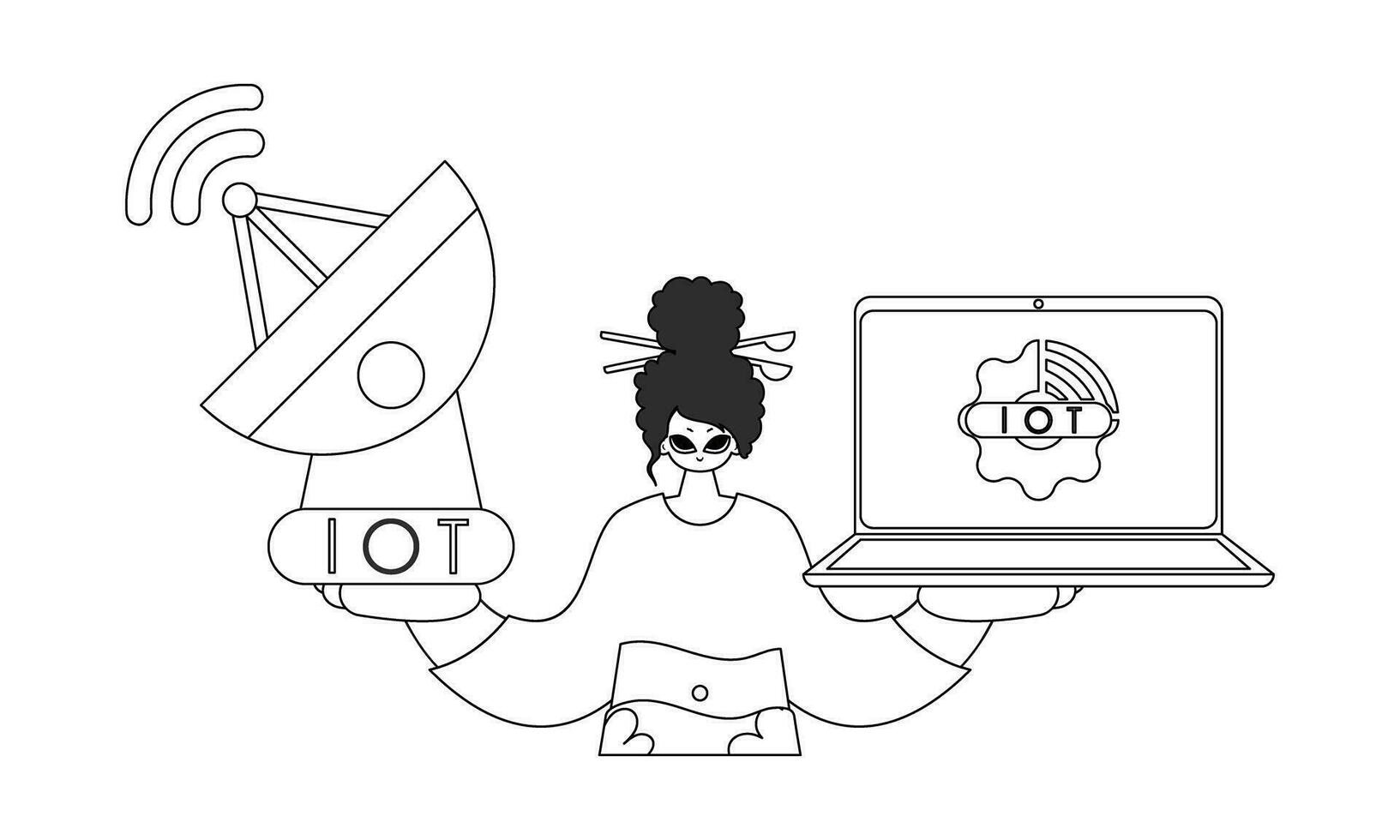 A woman utilizing antenna and laptop to process Internet of Things data, shown in vector linear form