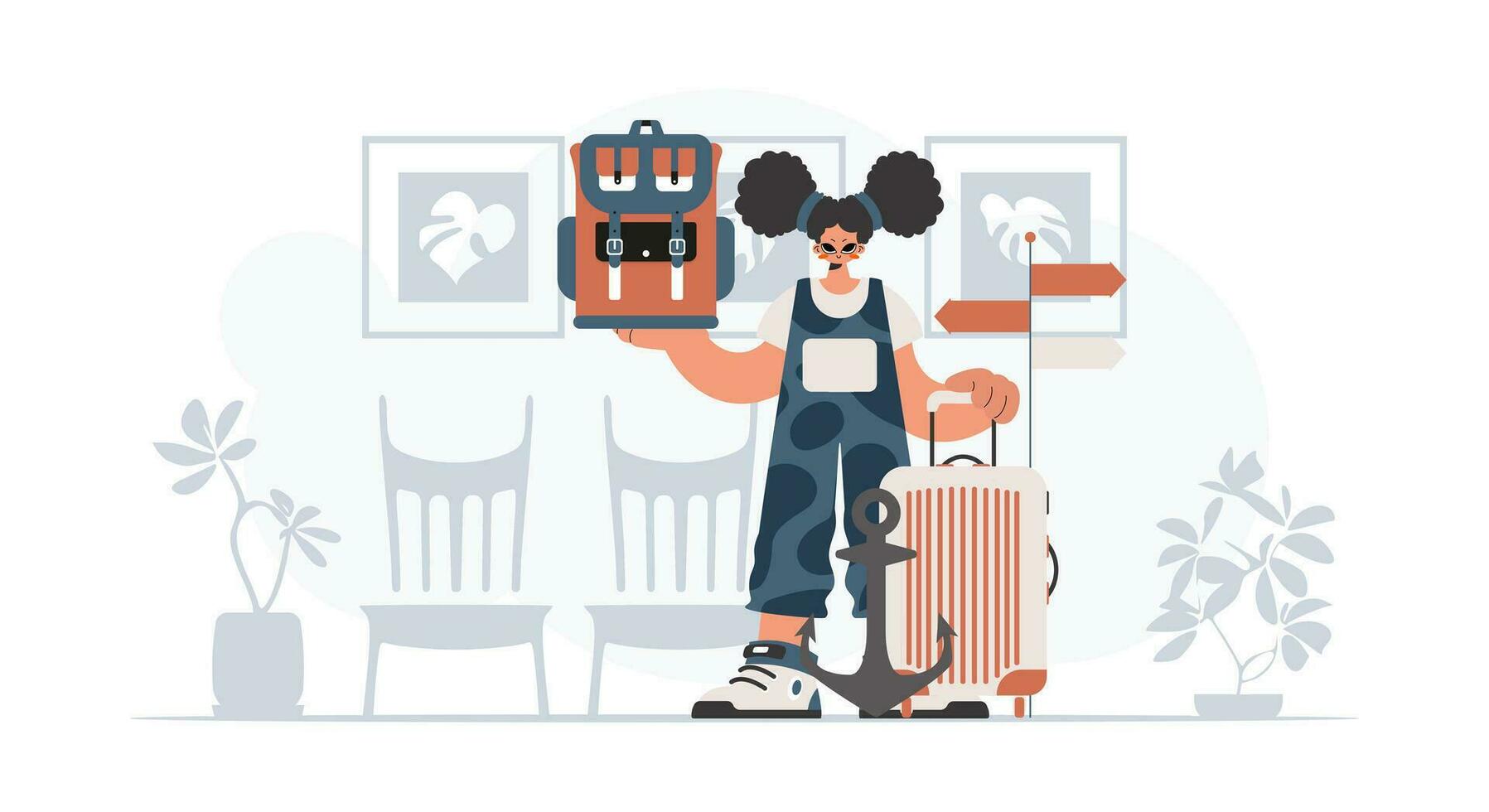 The energetic woman is holding a travel rucksack and a plunder. The concept of rest and travel. Trendy style, Vector Illustration