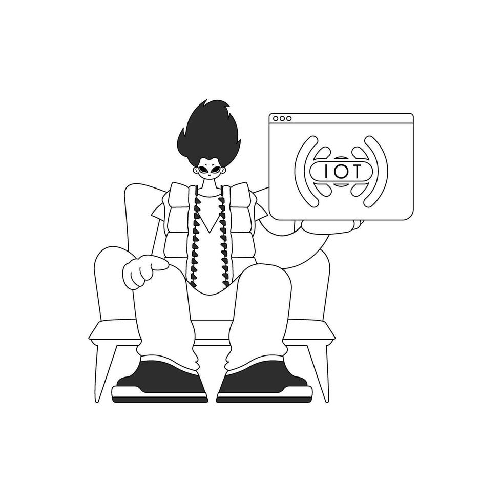 Man holding IoT logo in vector form, drawn in a linear style
