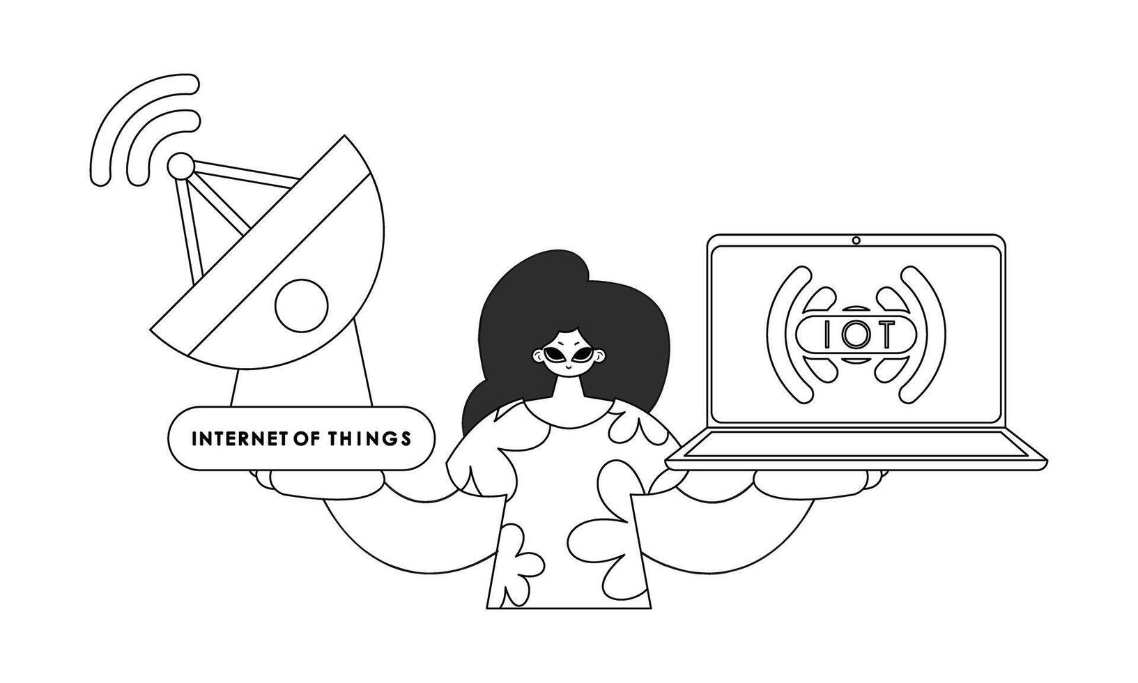 Woman using antenna and laptop to collect information from Internet of Things, in a vector linear illustration