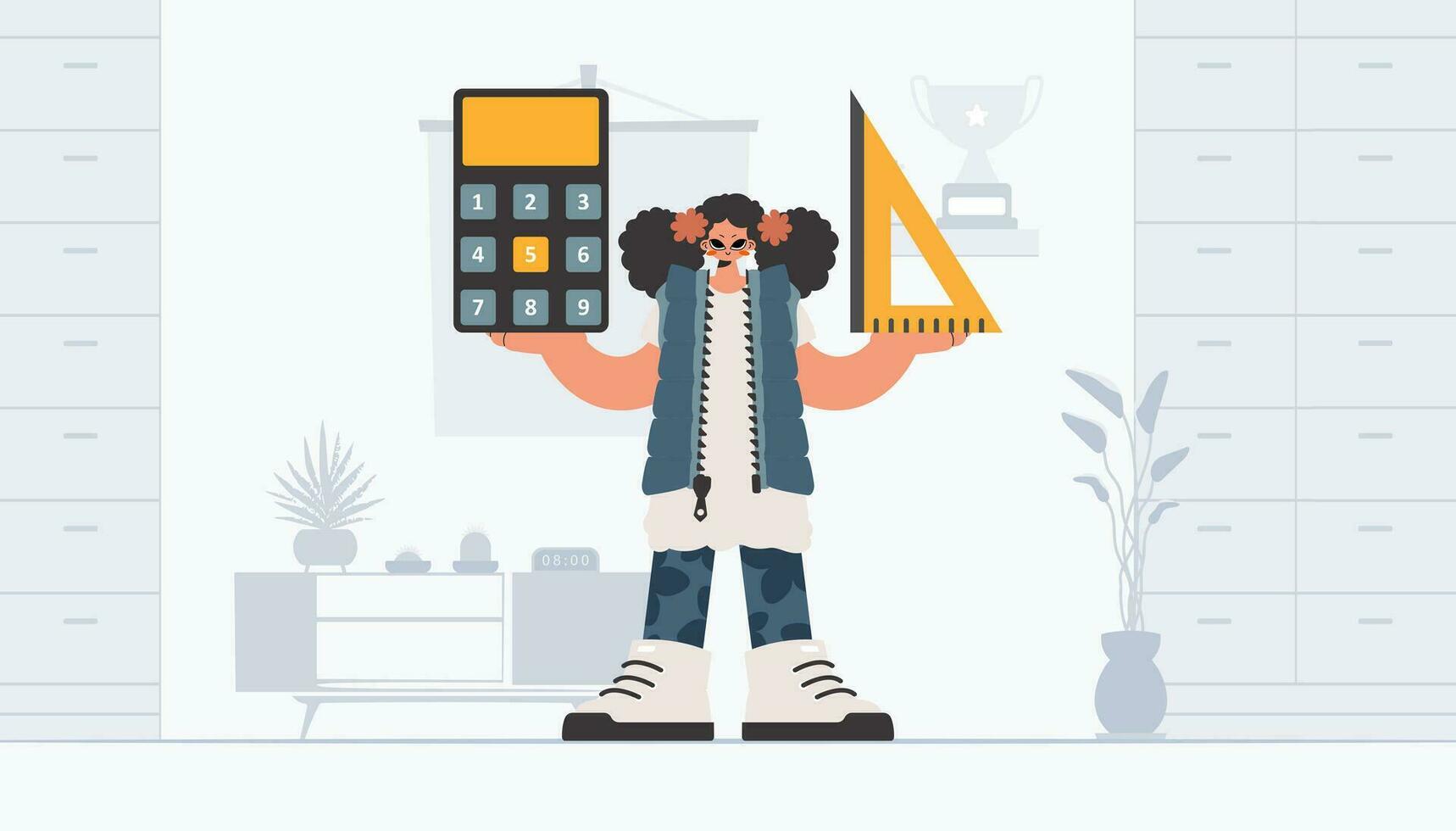 Energized woman holding a ruler and calculator, learning subject. Trendy style, Vector Illustration