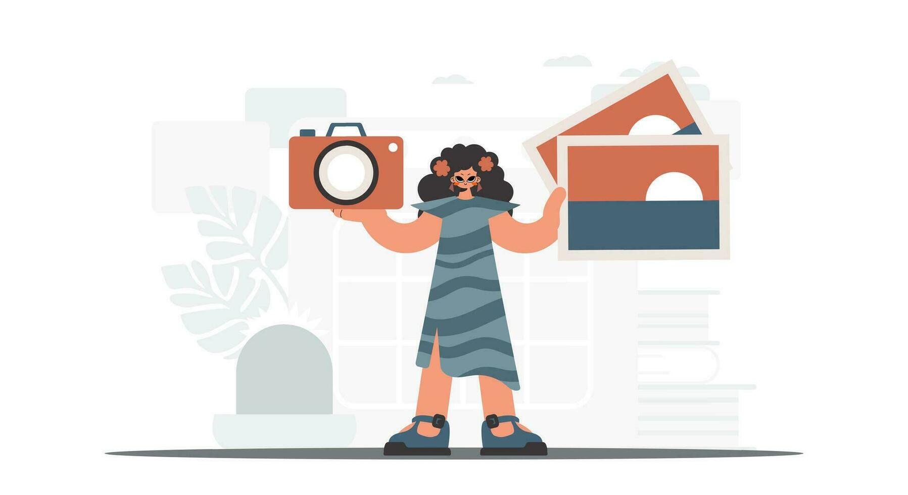 The never-ending lady holds a camera and photographs in his hands. The concept of rest and travel. Trendy style, Vector Illustration
