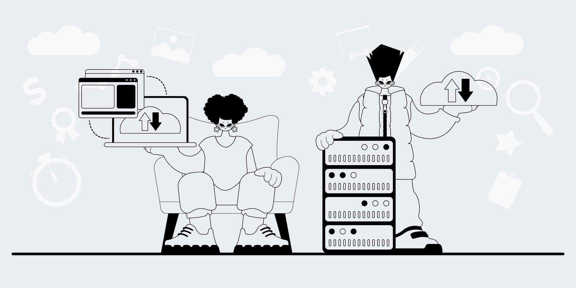 Two people sitting in front of a computer with a stack of computers vector