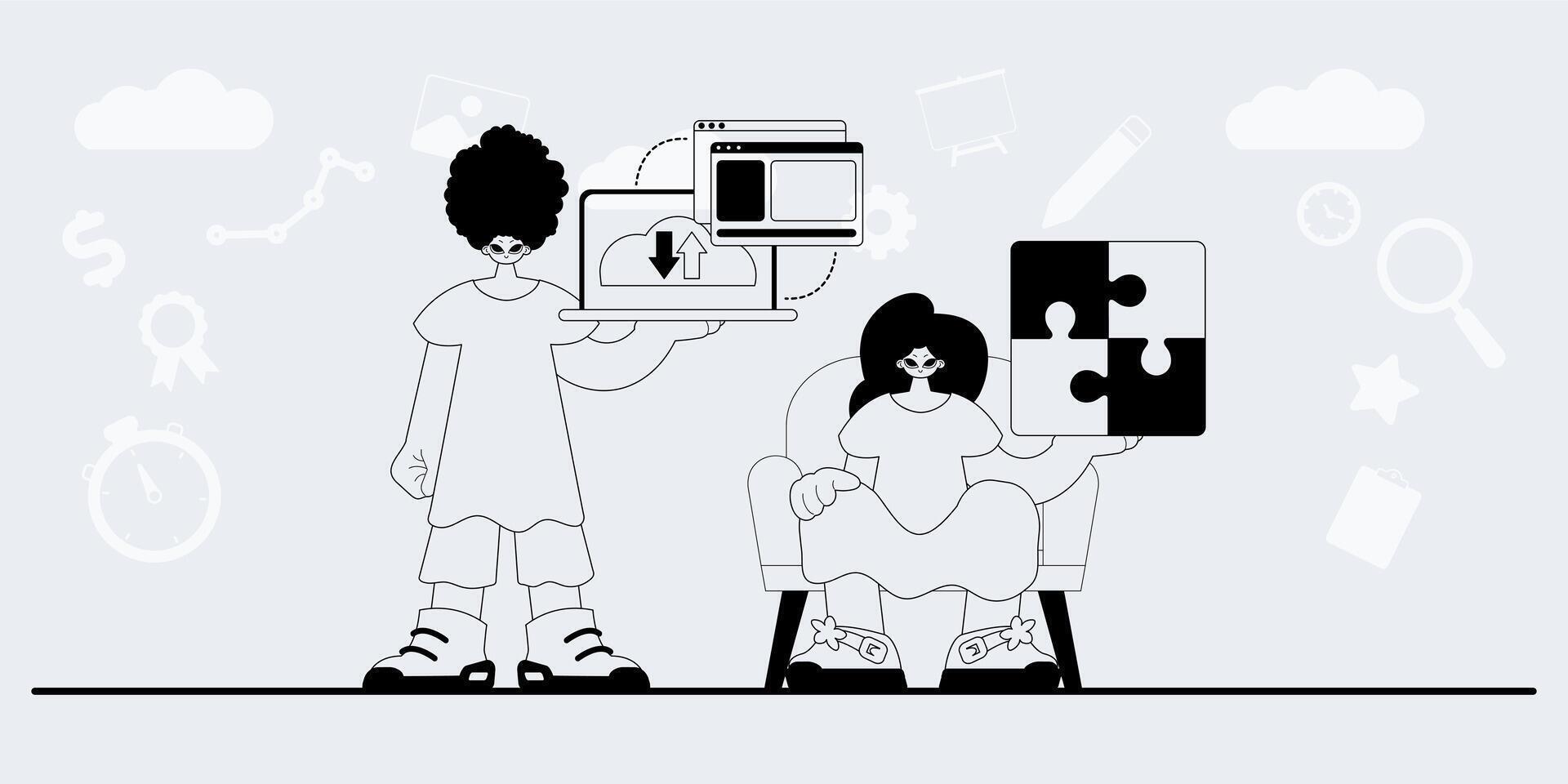 A cartoon illustration of two people holding puzzle pieces vector