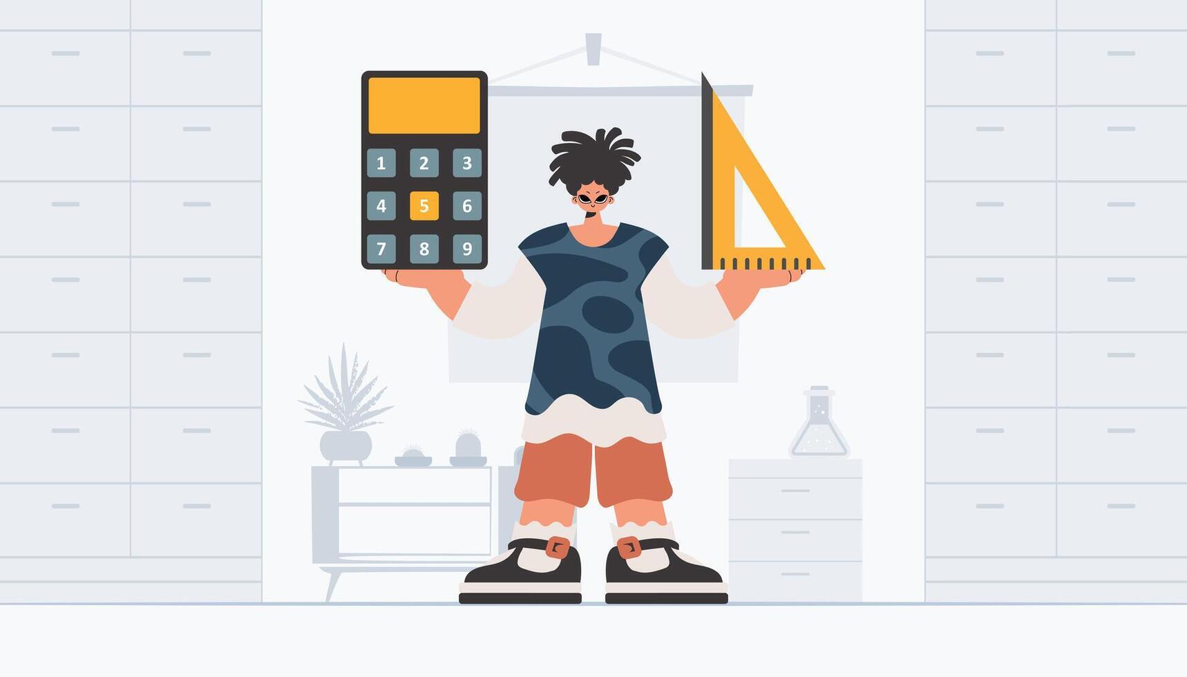 The individual is holding a ruler and a calculator, learning subject. Trendy style, Vector Illustration