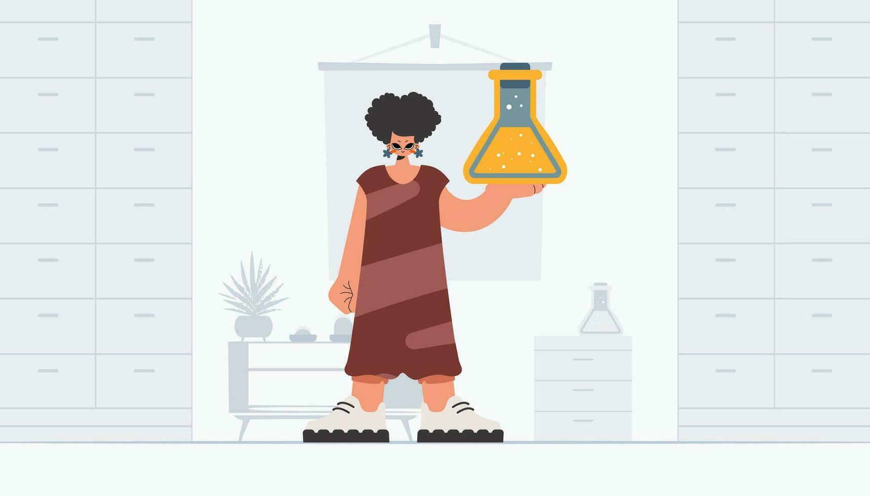 Unending lady holding chemical carafe, learning point. Trendy style, Vector Illustration