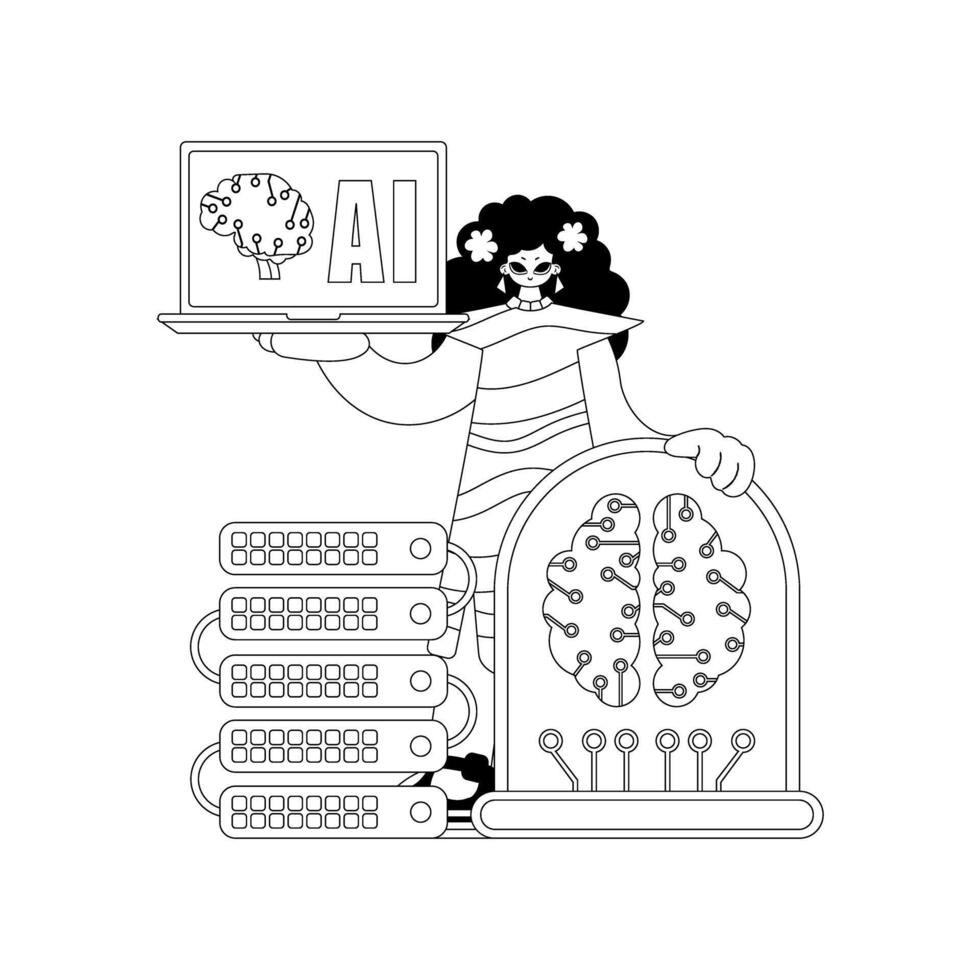 A cartoon character holding a laptop and a computer vector