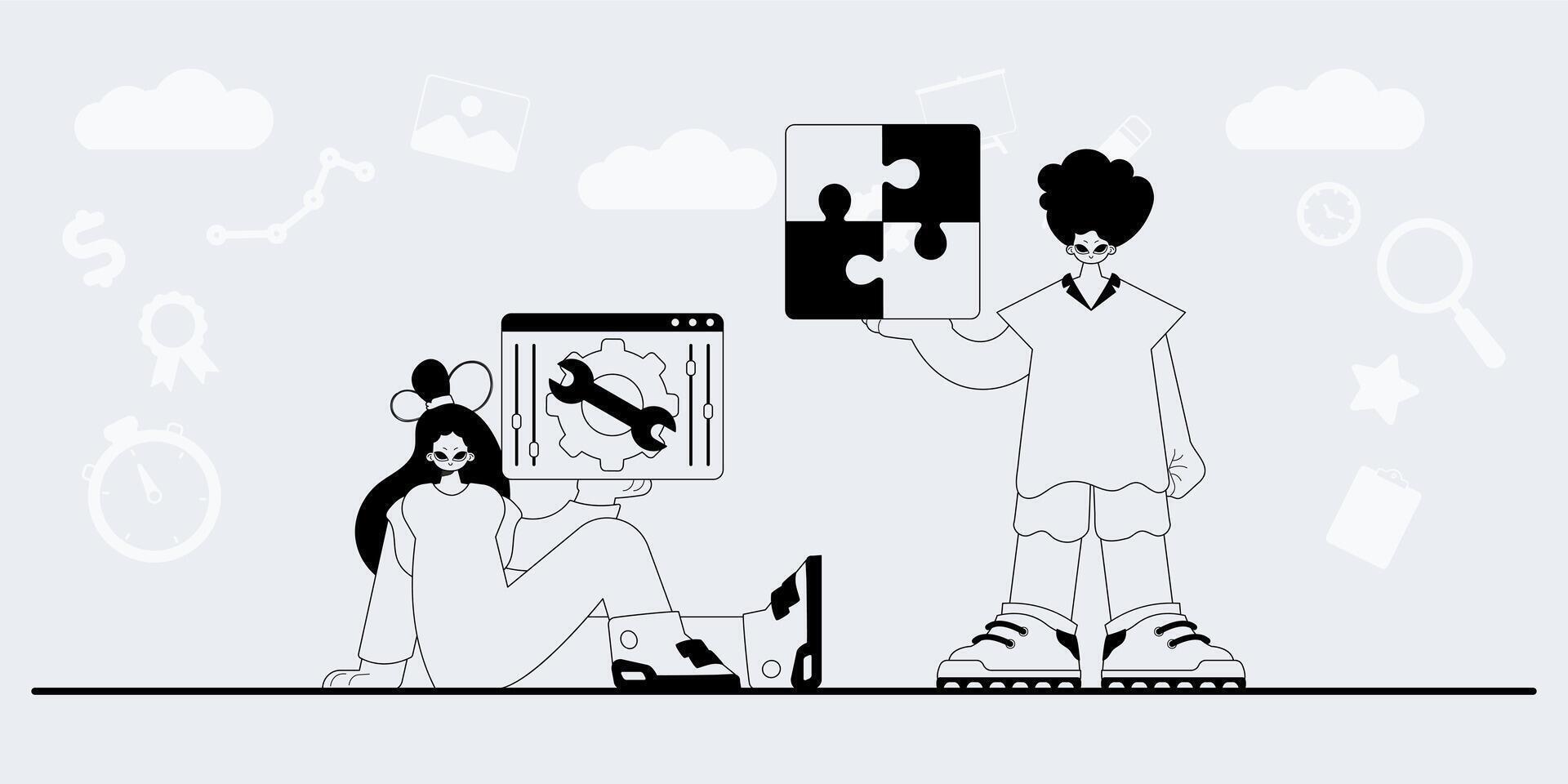 A man and woman are holding a puzzle piece vector