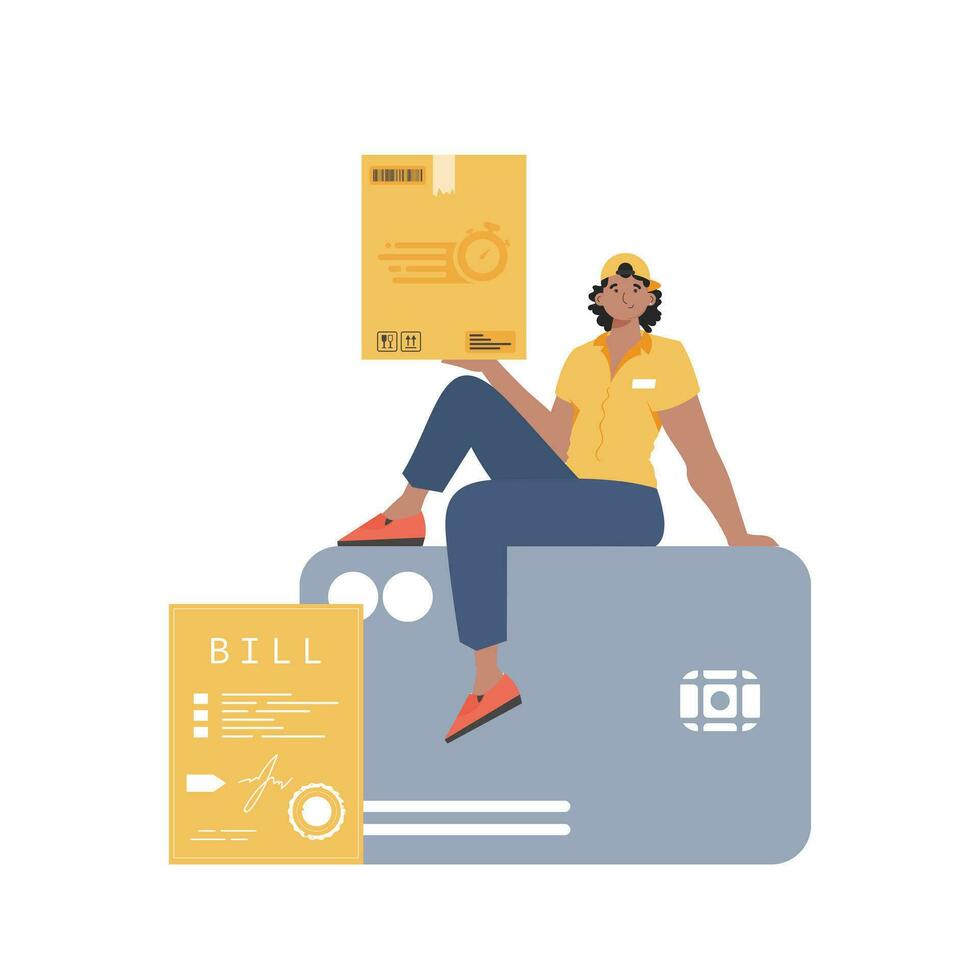 A male courier sits on a bank card and holds a box. Delivery concept. Isolated. Cartoon style. Vector. vector