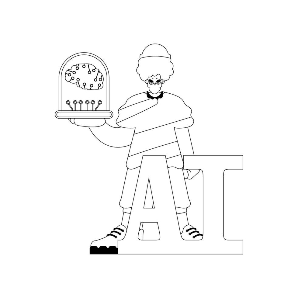 The guy possesses an AI model in his grip, vector linear type