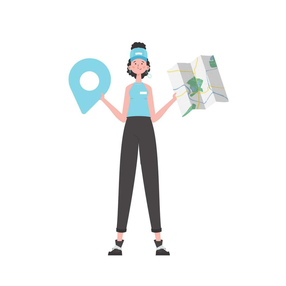 Girl water delivery operator holding a map. Stylish character is depicted in full growth. Isolated on white background. Vector. vector