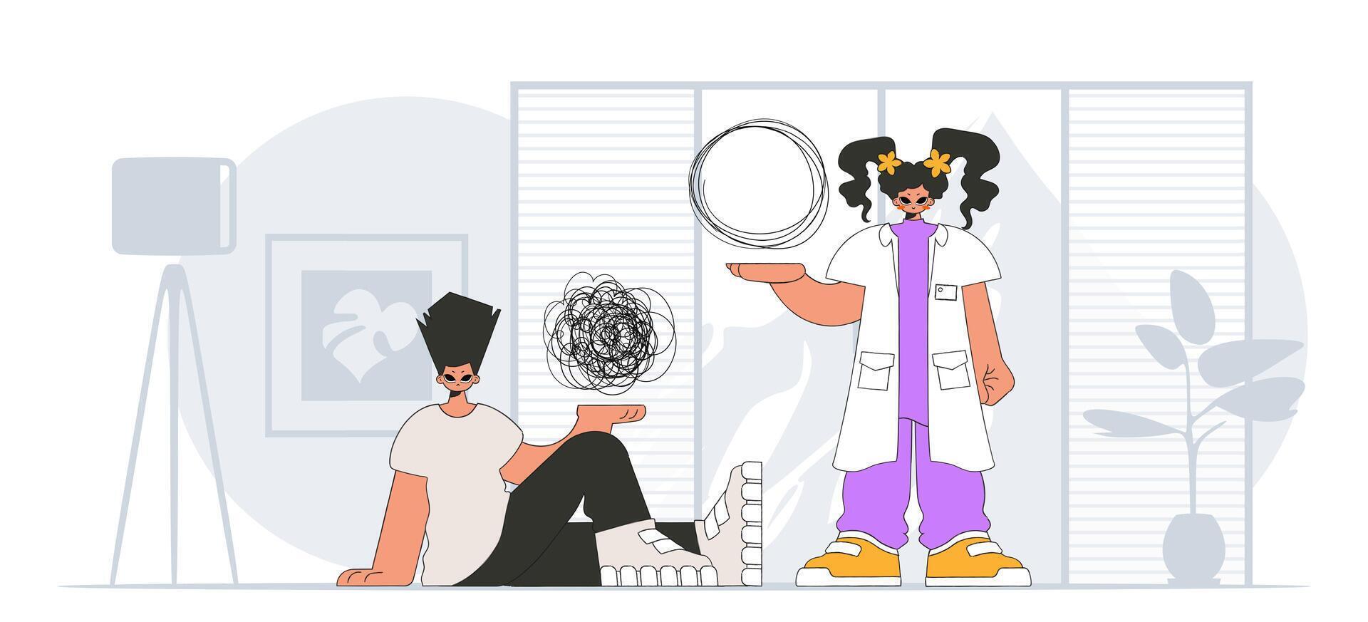 Topic Help A person consumed by a sense of hopelessness and despair. The doctor unpacks the tangle of thoughts. The patient shows that his thoughts are confused. vector