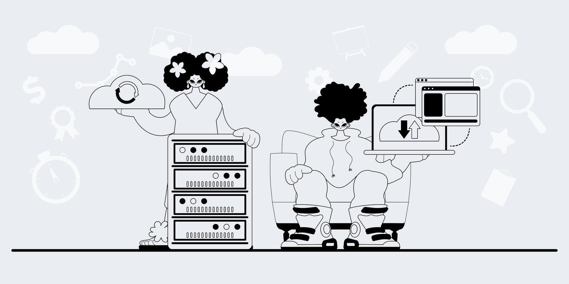 Two people are sitting on a desk with a computer vector