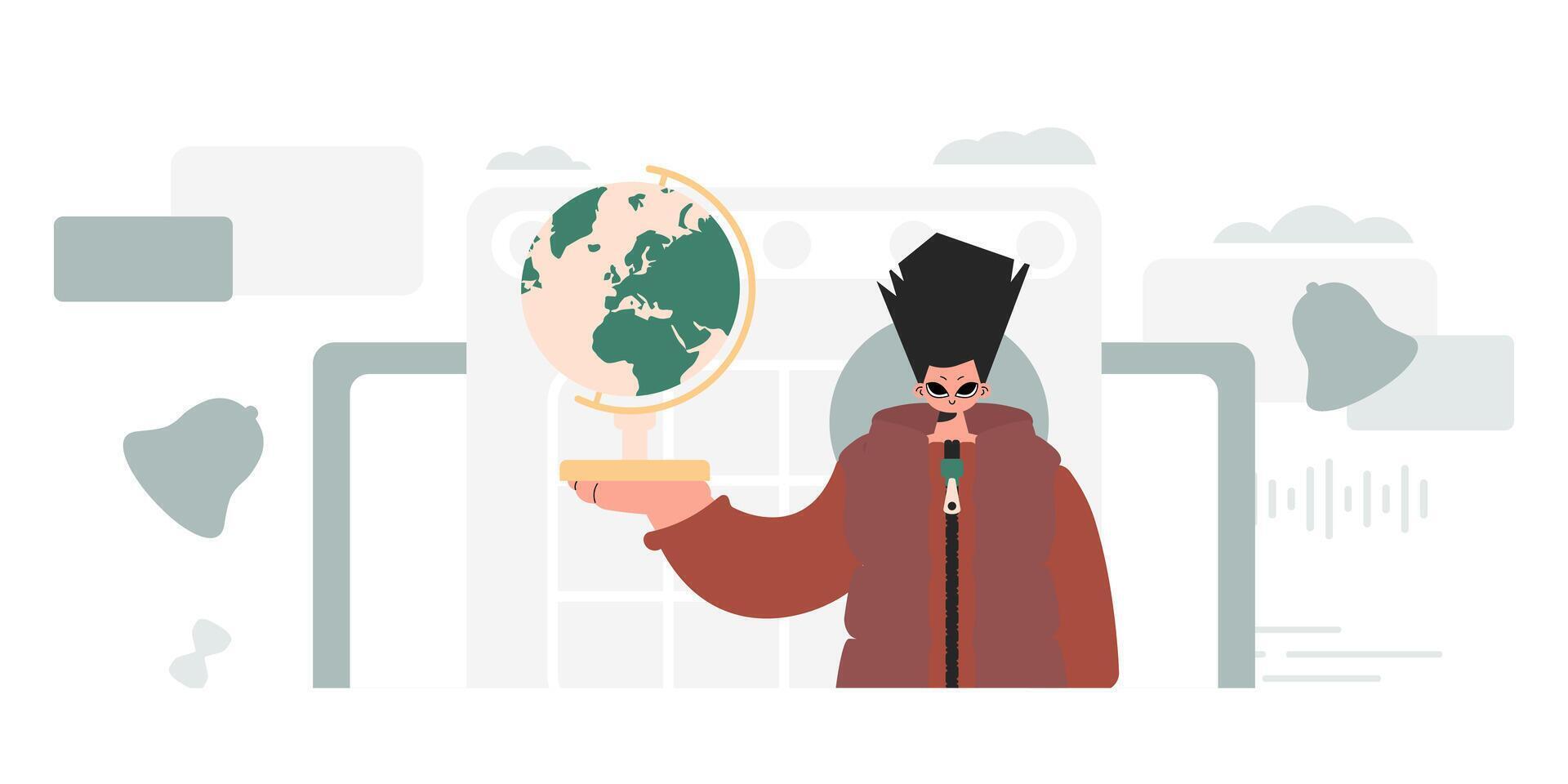 The person is holding a colossal globe, the subject of learning. Trendy style, Illustration vector