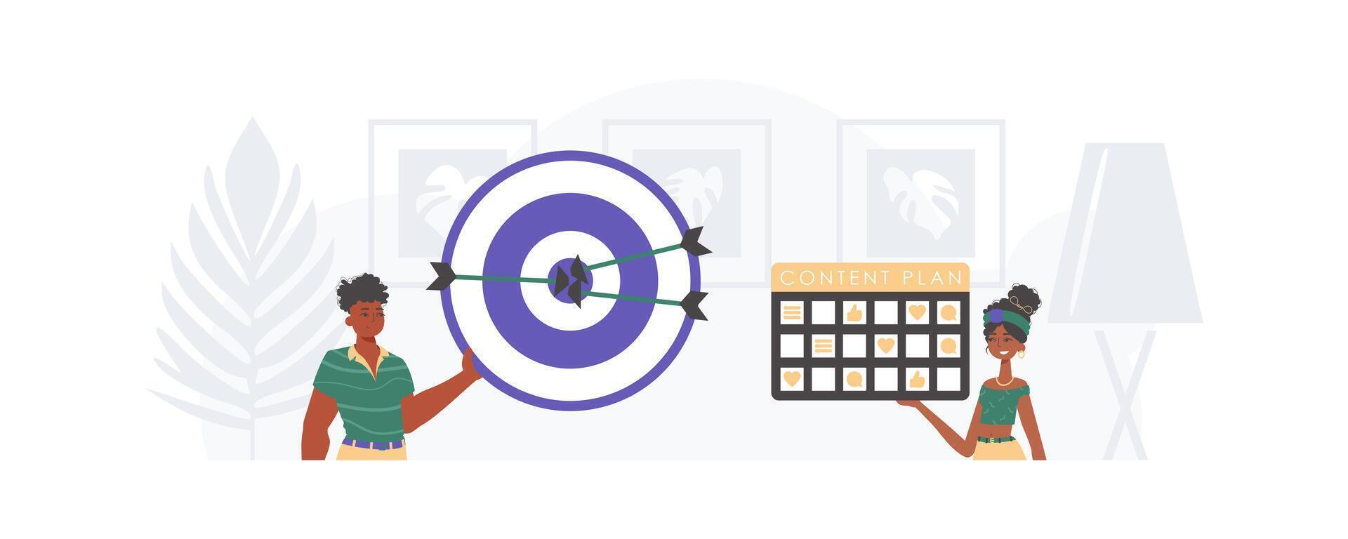 Two people holding a dart board and a target vector