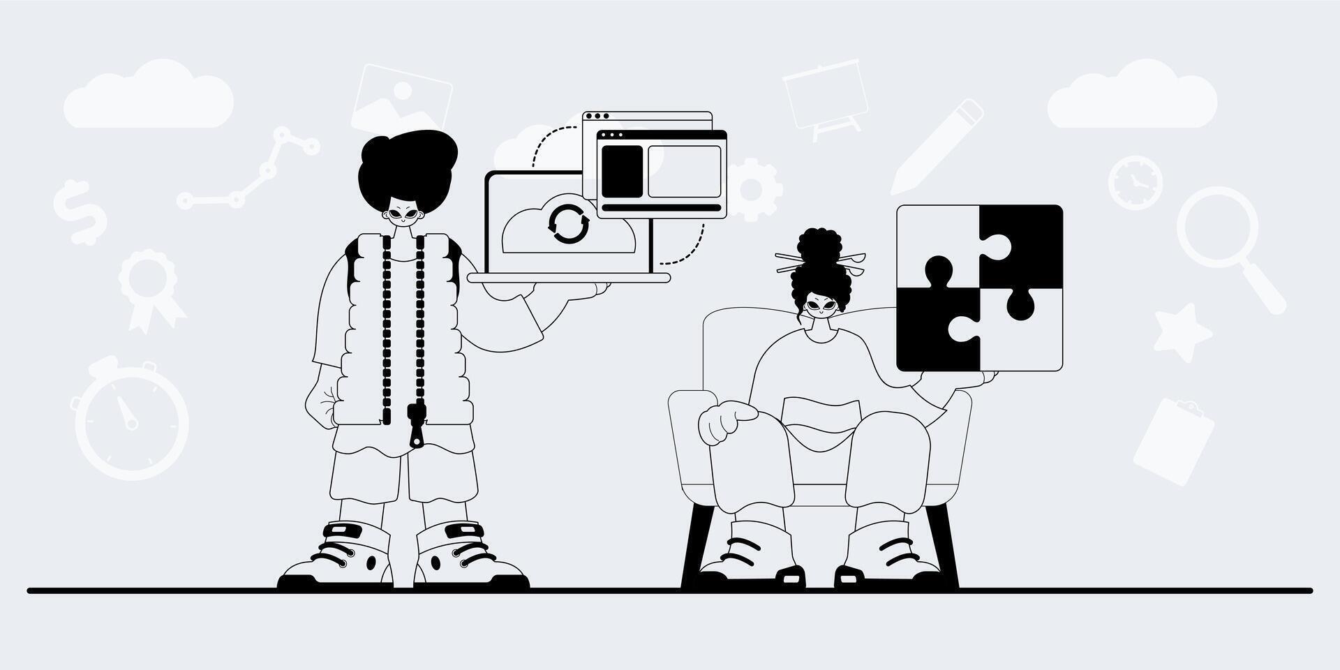 Two people are sitting in chairs with puzzle pieces on the table vector