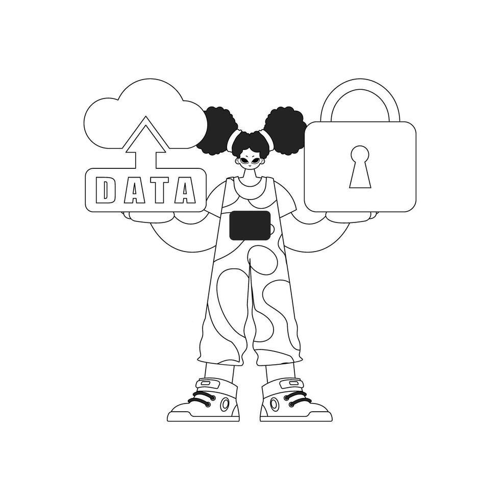 Girl holds logo for cloud based Internet of Things, line art style vector