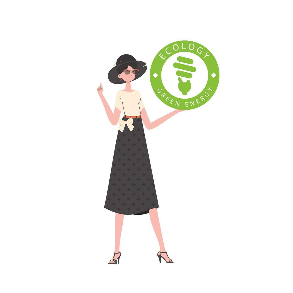 The girl holds the ECO logo in her hands. The character is depicted in full growth. The concept of ecology and green energy. Isolated. trendy style. Vector illustration.