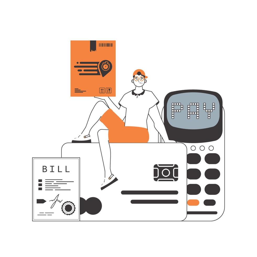 A man sits on a bank card and holds a parcel. Parcel delivery concept. Linear modern style. Isolated on white background. illustration. vector