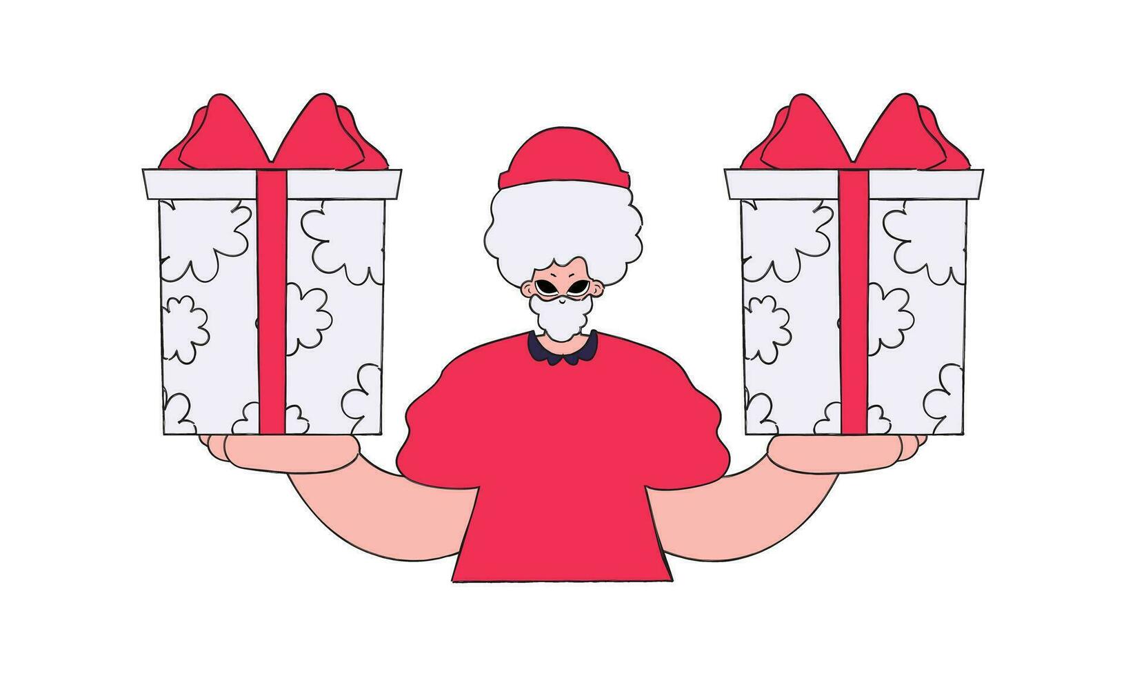 The guy is holding gift boxes. Holiday surprise concept. Character in the style of the 90s. vector