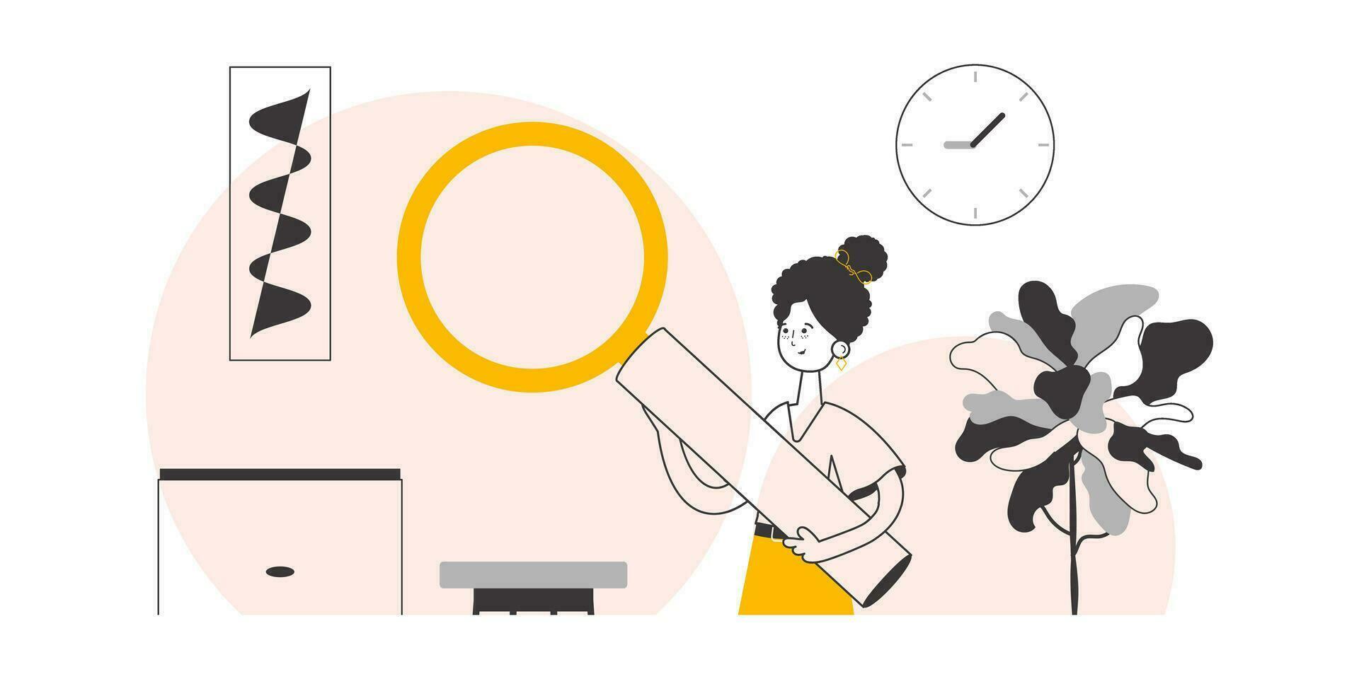 un mujer sostiene un aumentador vaso en su manos. minimalista lineal estilo. vector ilustración.