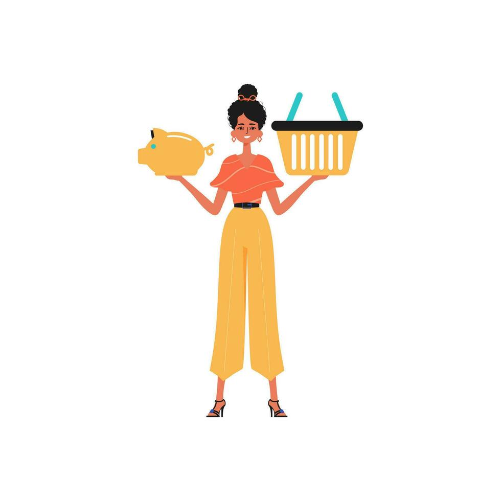 el Novia sostiene un cerdito banco y un compras cesta en su mano. de moda estilo, vector ilustración