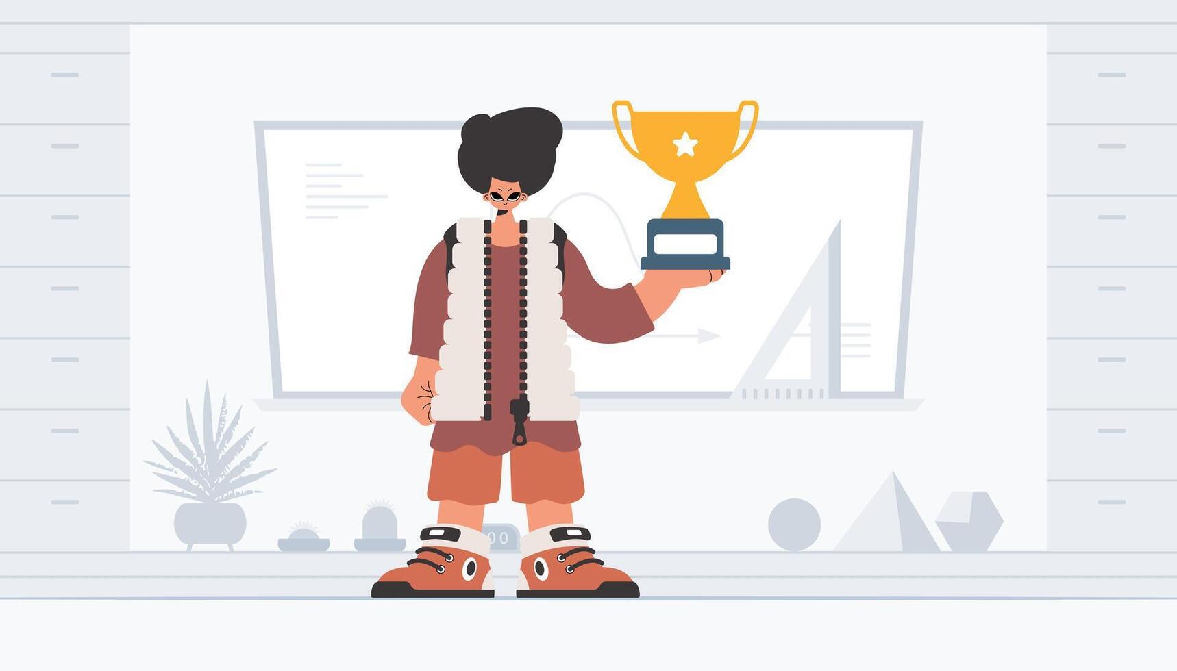 A cartoon character holding a trophy vector