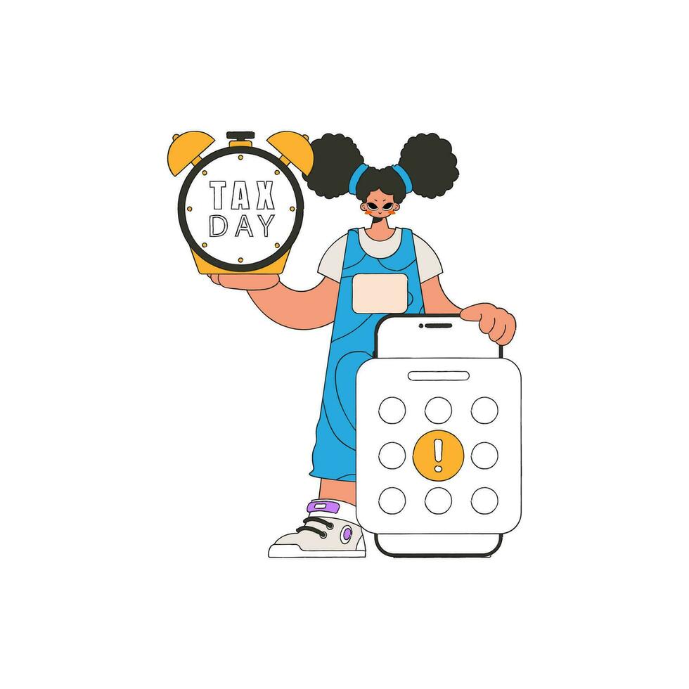 Gorgeous woman with calendar and alarm clock. The topic of paying taxes. vector