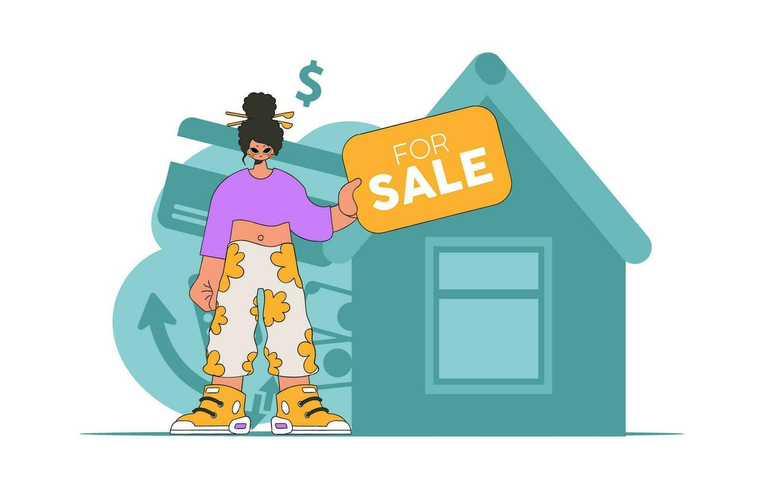 The concept of owning a home. Real estate realtor girl holding a house in her hands. vector