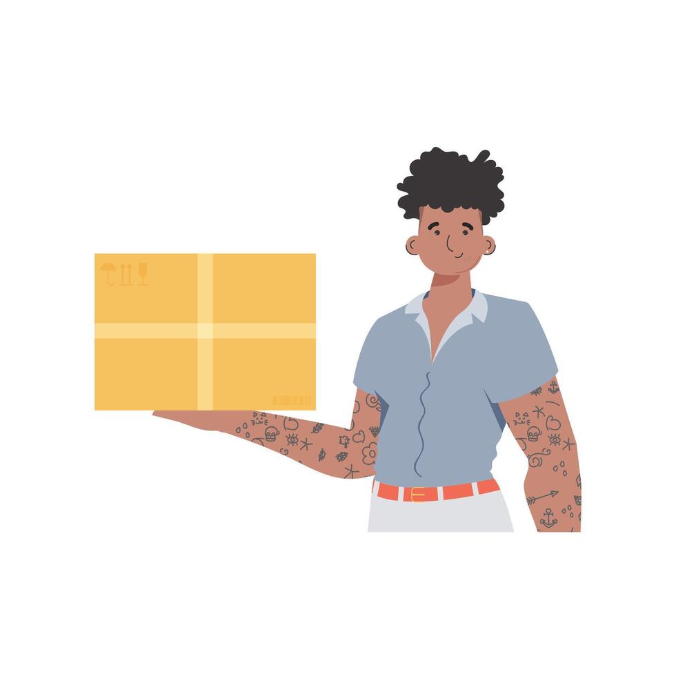 The man is depicted waist-deep and holding a parcel in his hands. Delivery concept. Isolated. Flat modern design. . vector