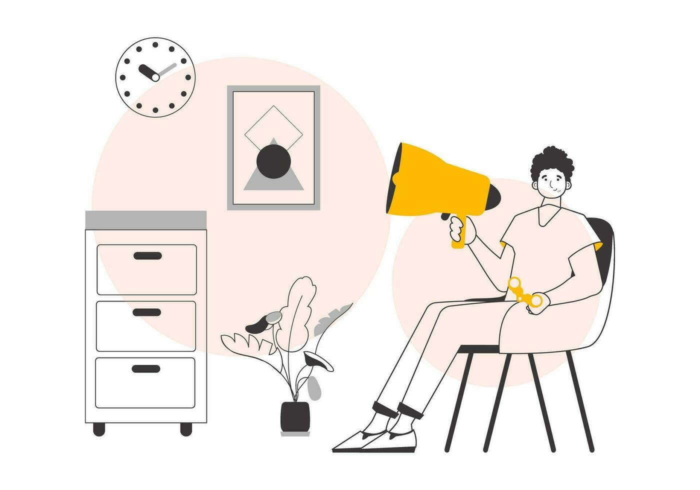 The guy is holding a bullhorn in his hands. Modern linear style. Vector illustration.