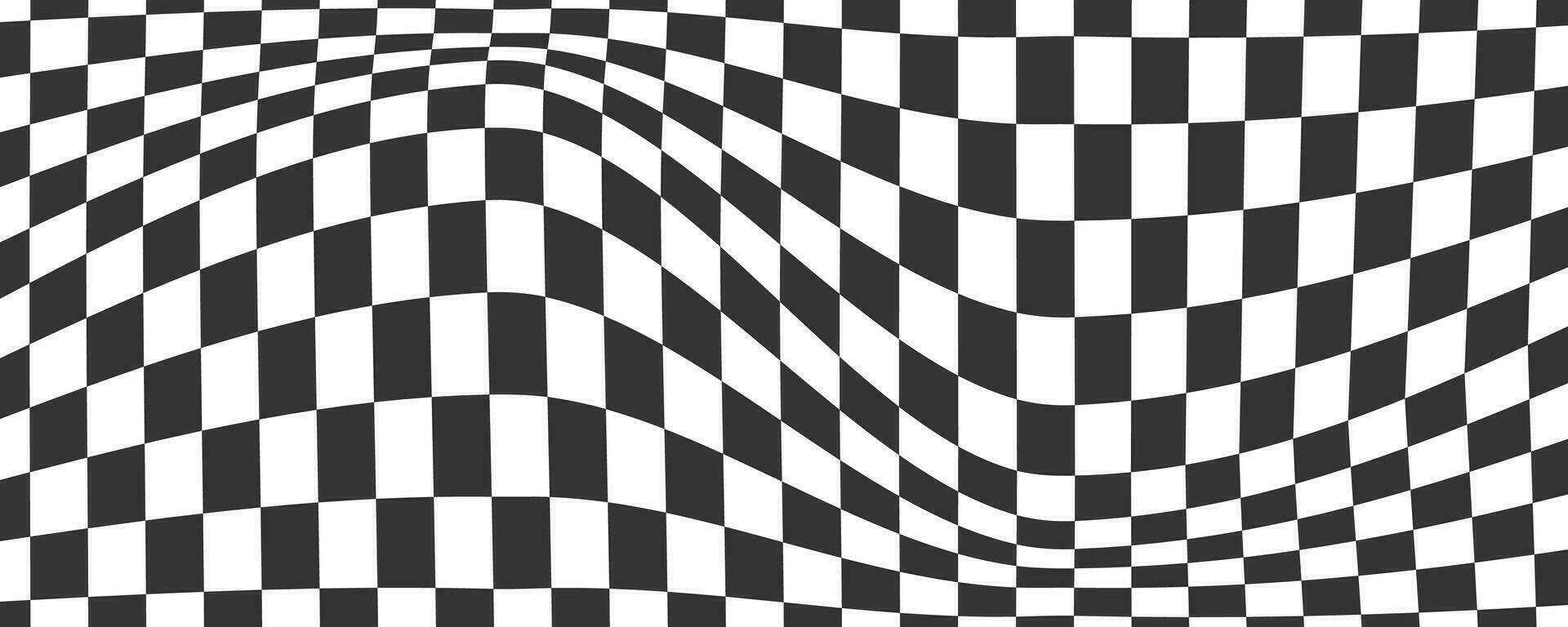 tablero de damas ondulado modelo. resumen ajedrez cuadrado impresión. negro y blanco psicodélico óptico espejismo. deformado bandera con geométrico gráfico. y2k diseño para bandera vector