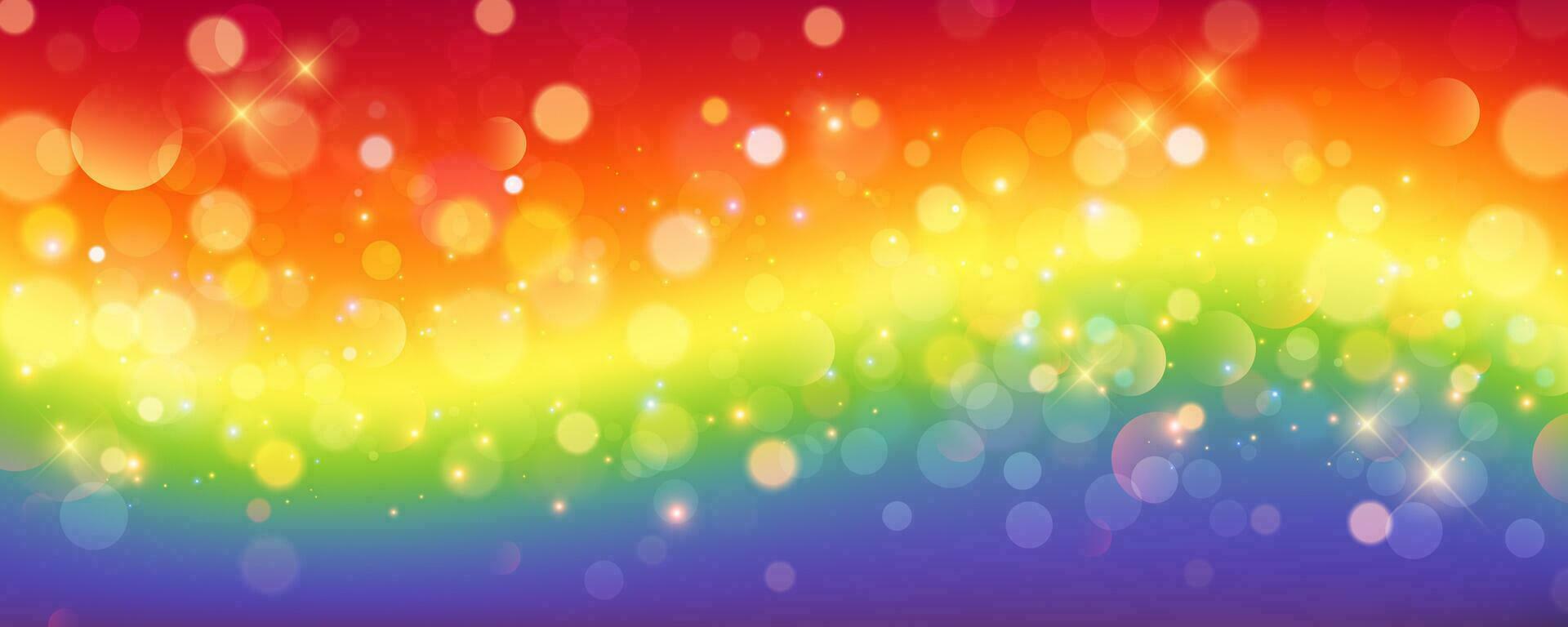 Rainbow unicorn pastel background with glitter stars. Pink wavy fantasy sky. Holographic space with bokeh. Fairy iridescent gradient backdrop. Vector
