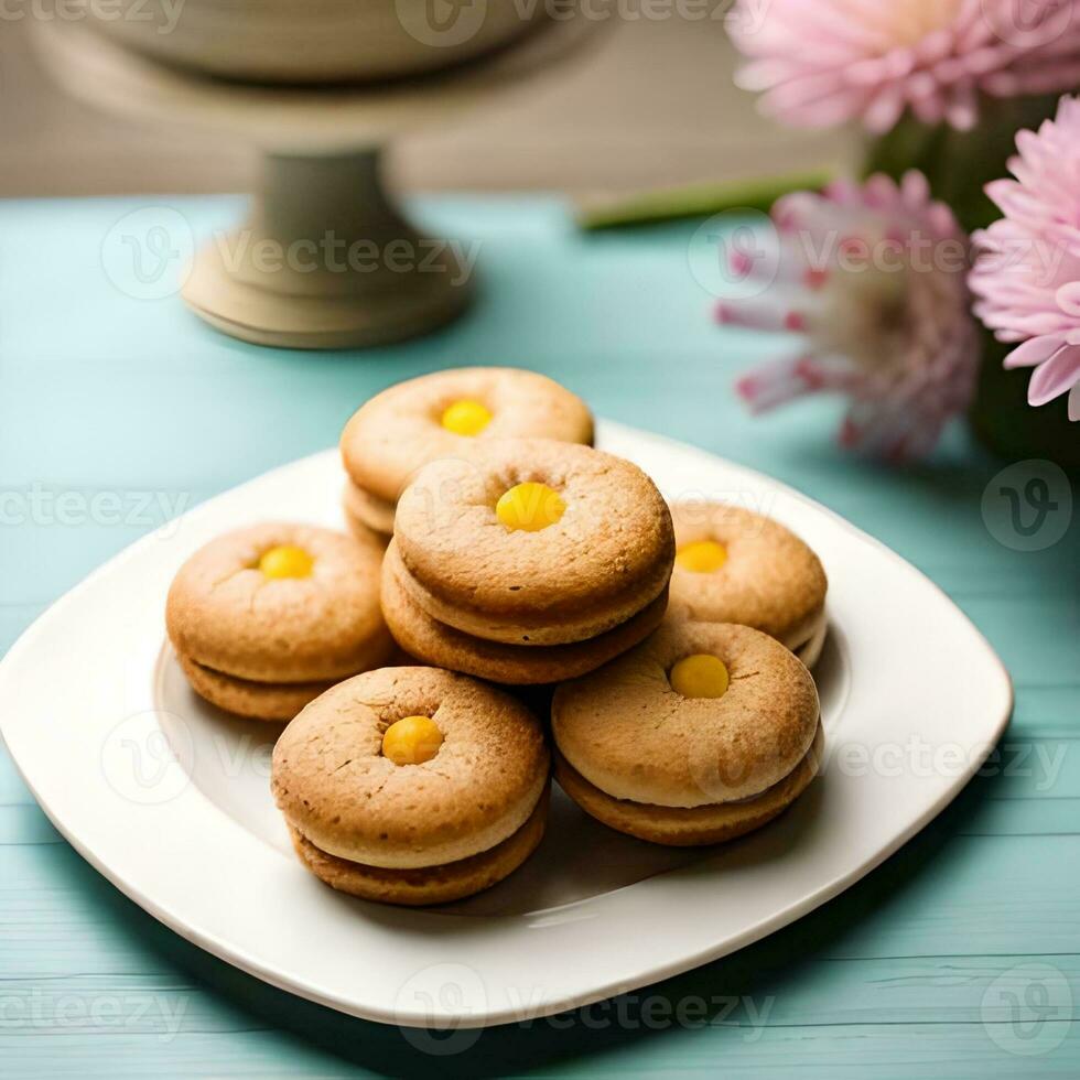 Biscuits with colorful toppings of various flavors, served on a plate on a plain and natural background, great for brands, restaurants, companies, food businesses. The concept of generative Ai photo