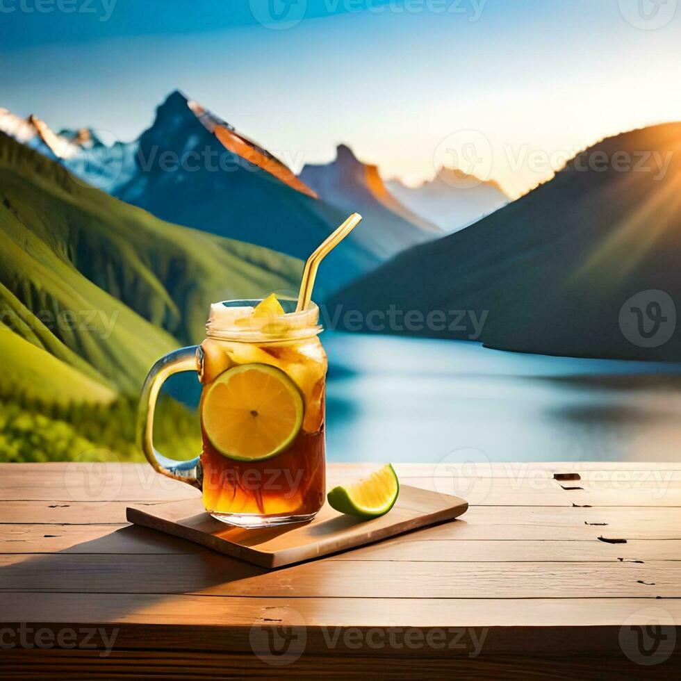 Lemon tea drink served with glass filled with ice and lemon slices exotic background of mountains, rivers, lakes great for business, wallpaper, blog, company, website etc. Generative AI technology photo