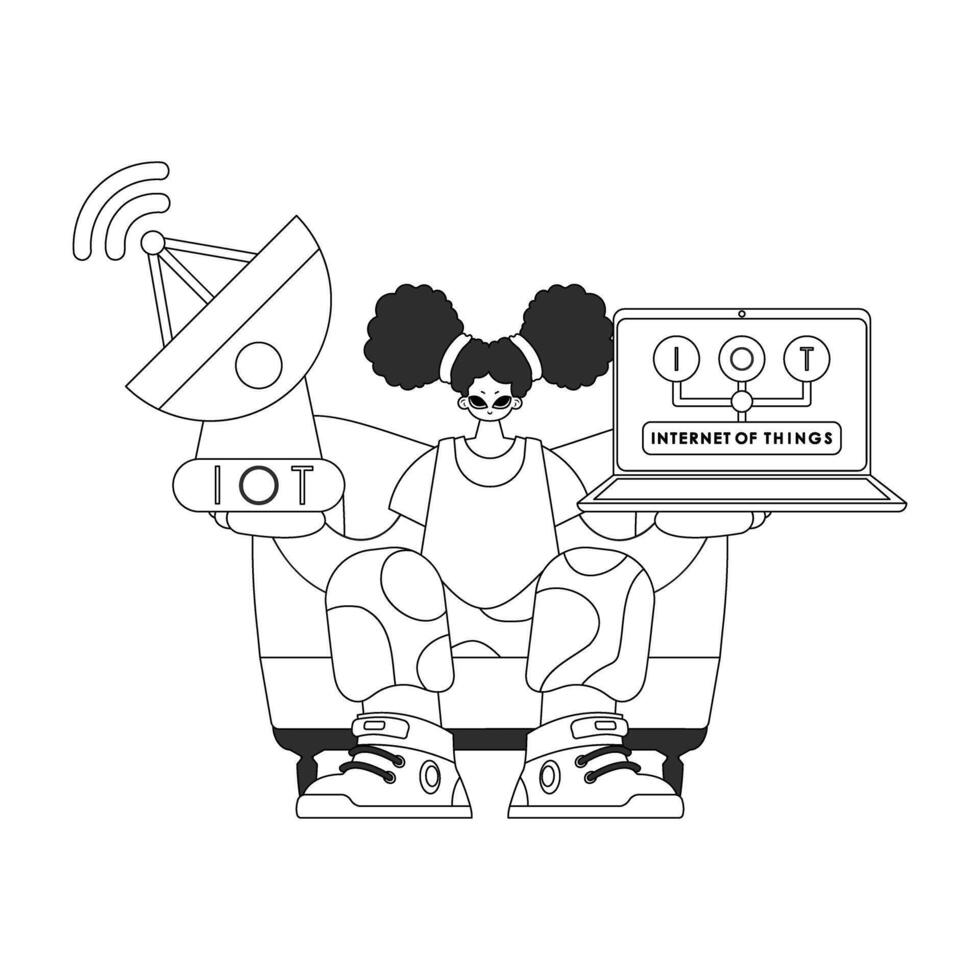 Woman using antenna, laptop to analyse IoT data, vector linear style