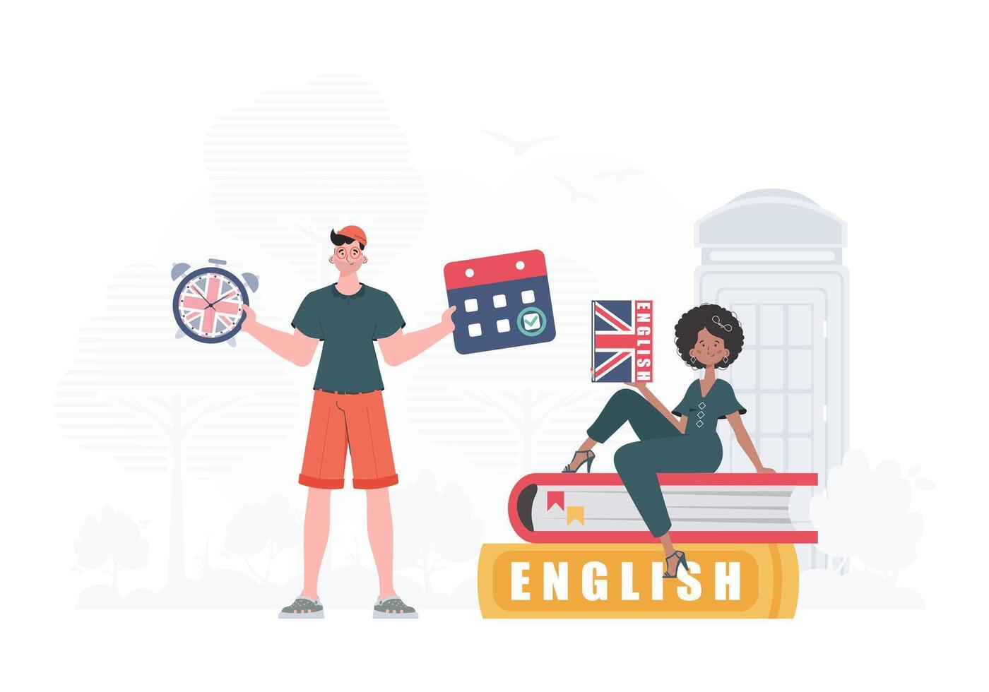 The concept of learning English. Man and woman English teacher. Flat modern style. . vector