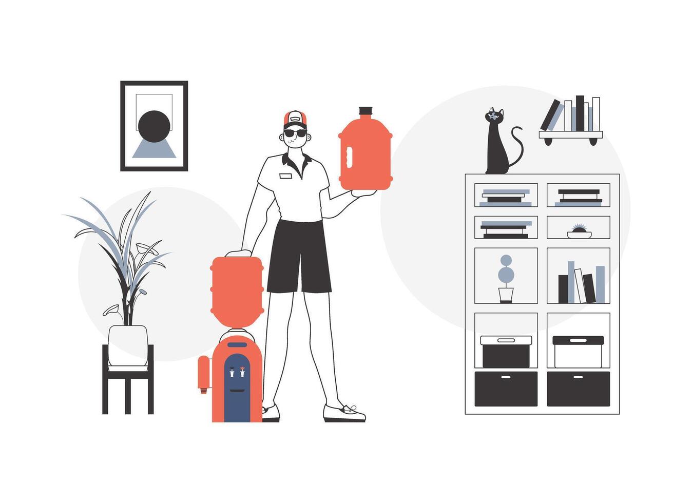 A man with a large bottle of water in his hands. Water delivery concept. Lineart style. vector