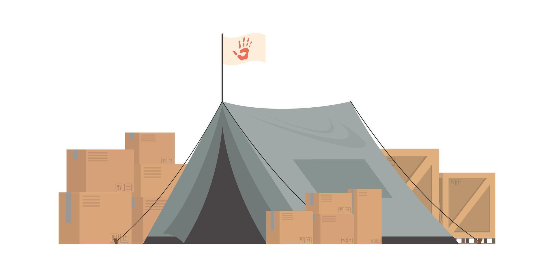 Large dark green tent with boxes. Camp element for humanitarian aid. isolated. illustration. vector