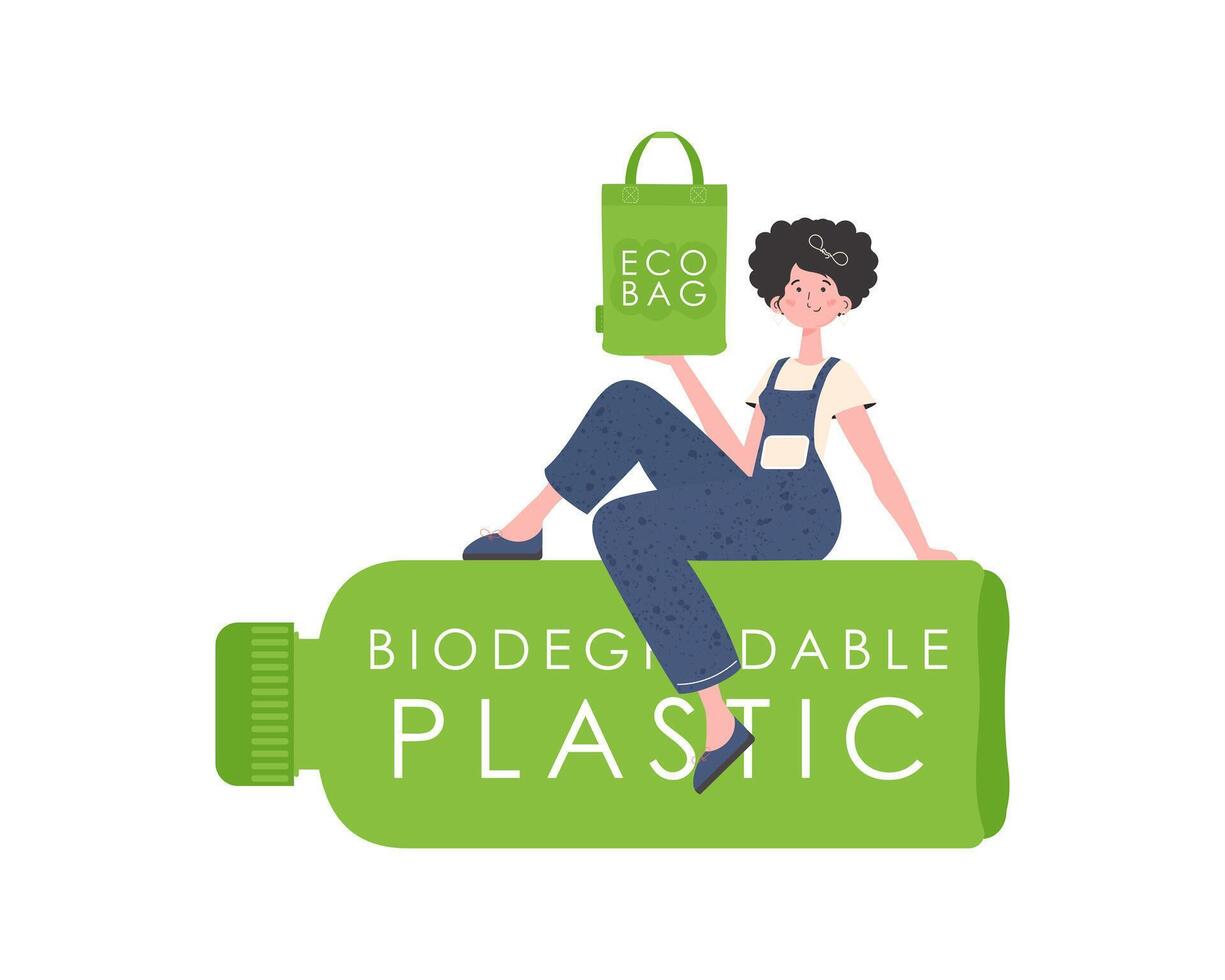 A woman sits on a bottle made of biodegradable plastic and holds an ECO BAG in her hands. Concept of green world and ecology. Isolated on white background. Trend style. illustration. vector