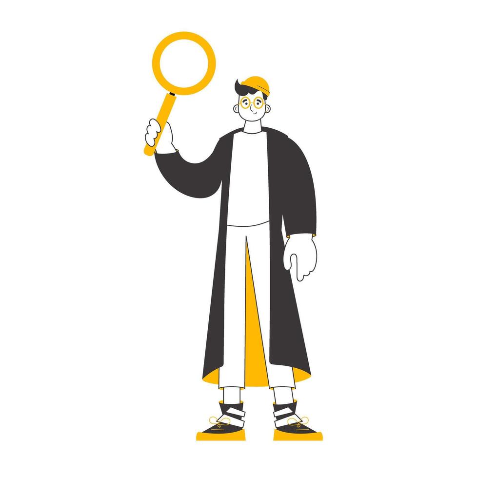 The guy is holding a magnifying glass in his hands. Search concept. Lines modern style. Isolated. . vector