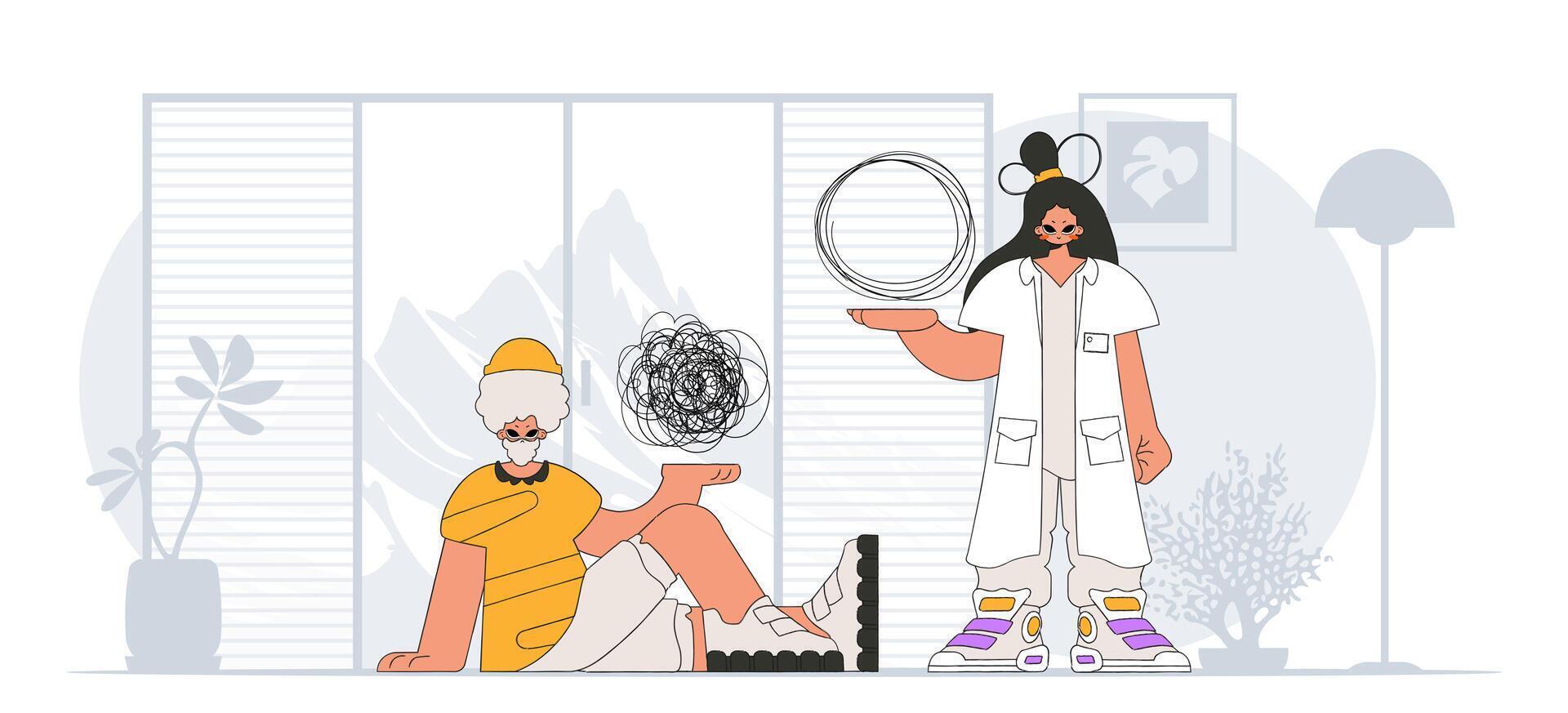 Topic Help A person consumed by a sense of hopelessness and despair. The doctor unpacks the tangle of thoughts. The patient shows that his head is a mess. vector