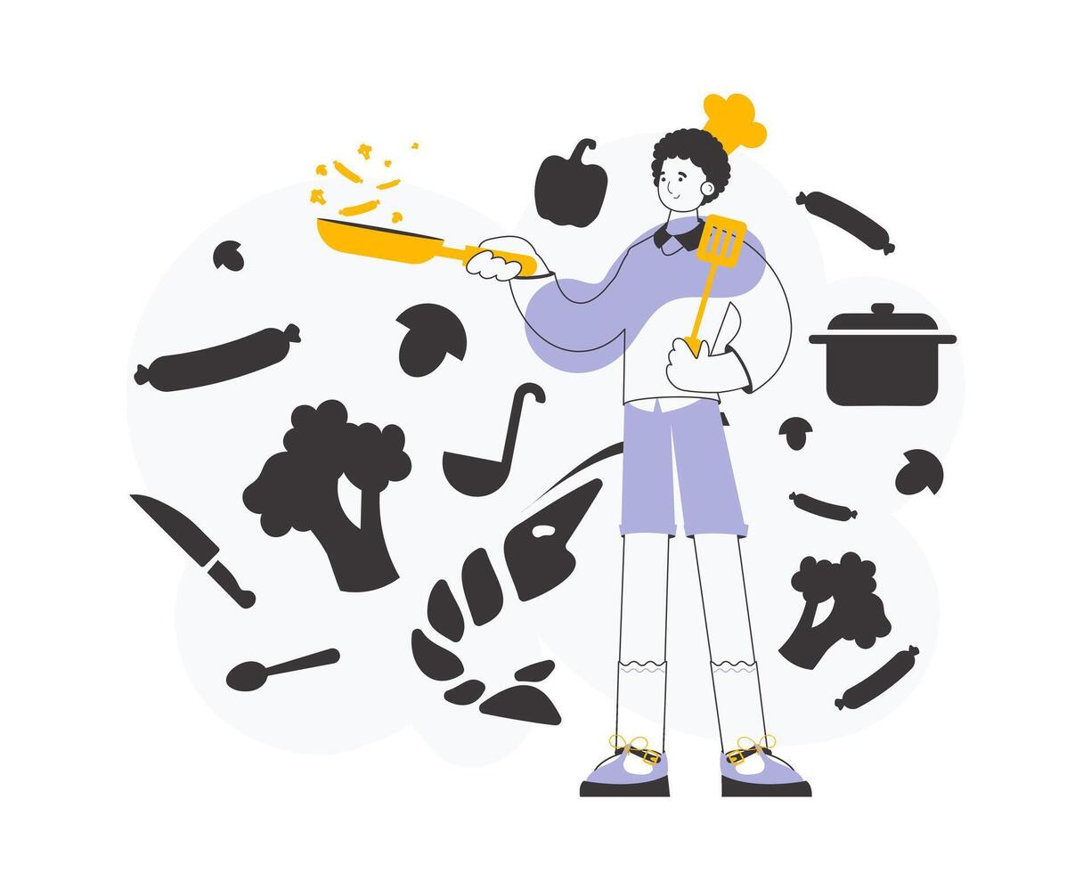 The guy cook is holding a frying pan. Line art style. Vector illustration.