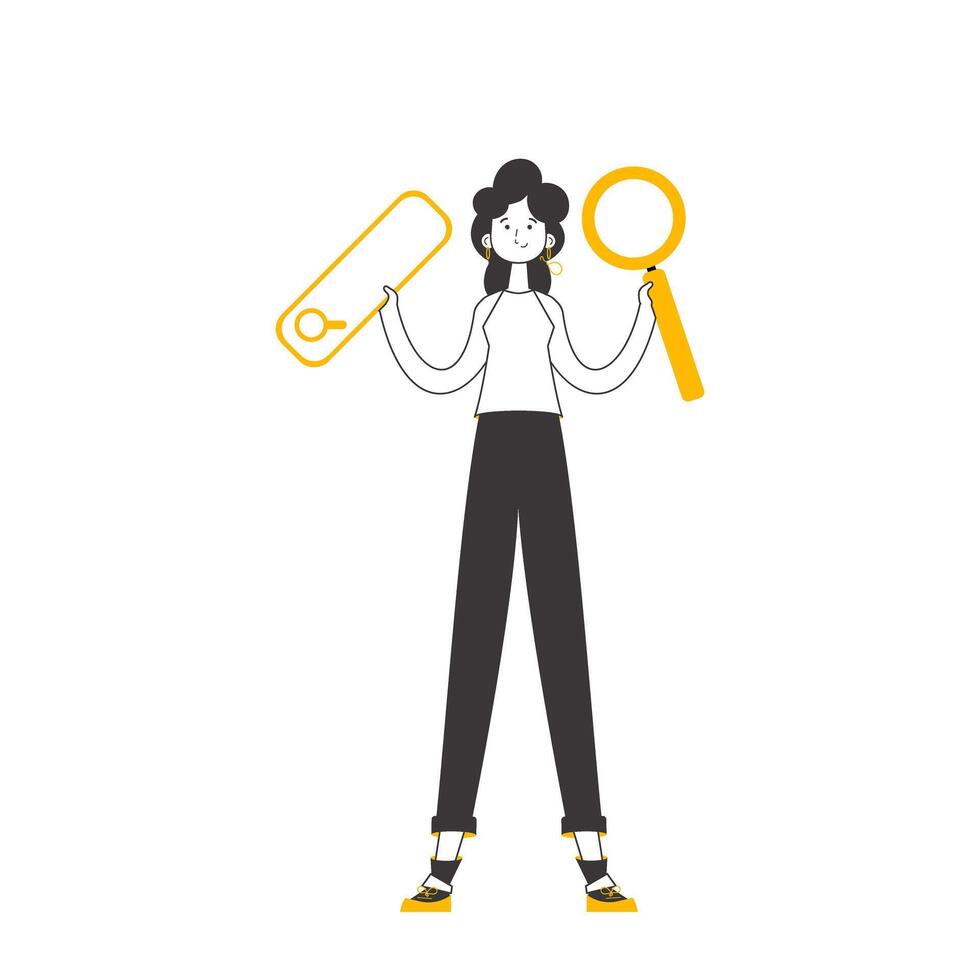 The girl is holding a magnifying glass in her hands. Search concept. Line art style. Isolated on white background. . vector