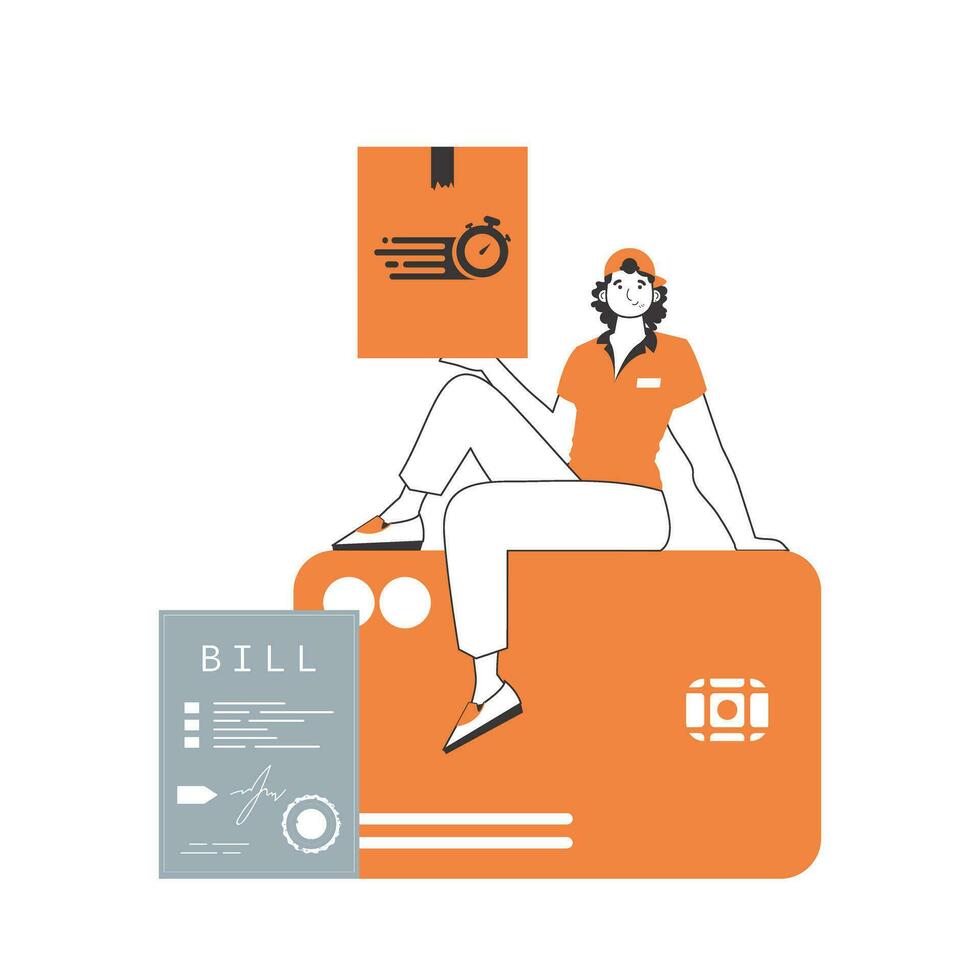 The guy is sitting on a bank card and holding a parcel. Delivery concept. Linear style. Isolated on white background. Vector illustration.