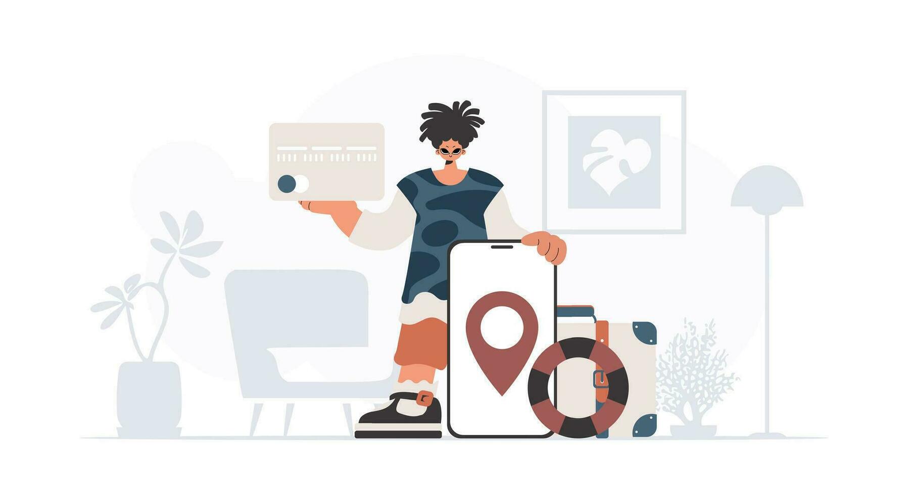 The person is holding a bank card and a phone with a area. The concept of rest and travel. Trendy style, Vector Illustration