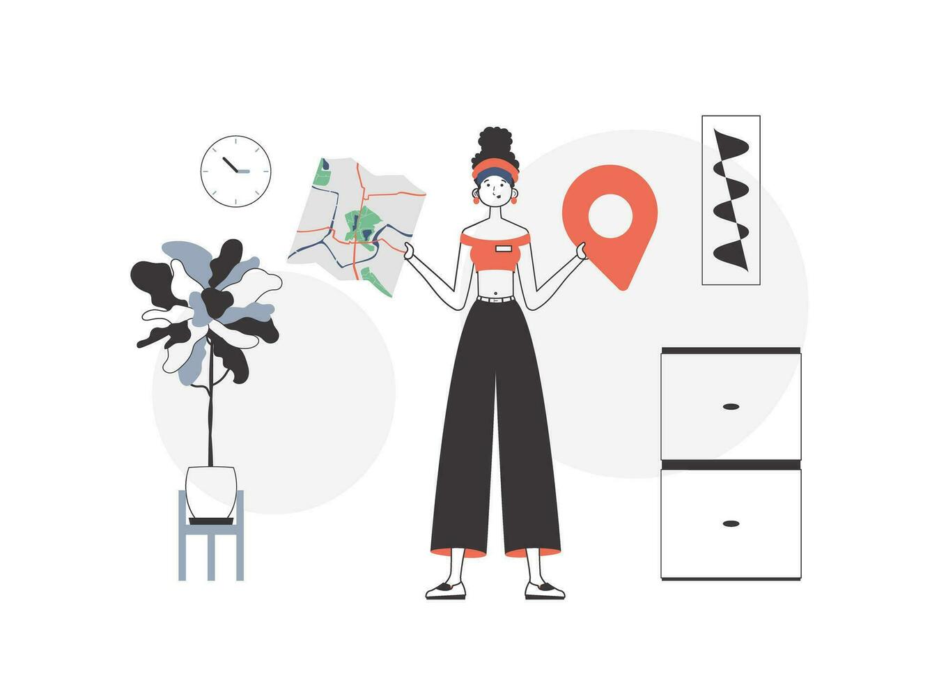 The woman is holding a map. Delivery concept. Lineart style. vector